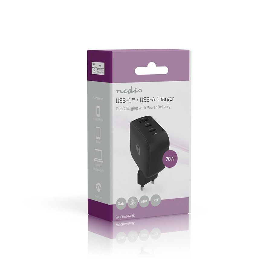 Nedis 70W 2 x USB-C + USB-A lader med Hurtigladefunksjon