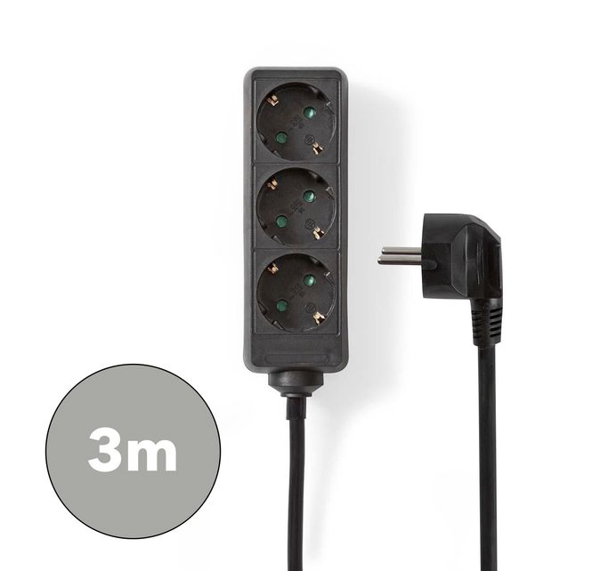 Hovedbilde Nedis 3-veis strømforgrener, 3m, Sort