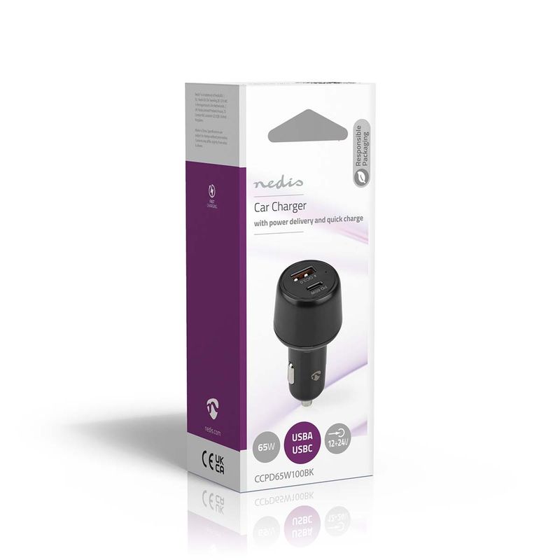 Nedis Billader 65W, 3.25A, USB-A / USB-C, Fast Charge, PD (Power Delivery) 65W, Smart IC-teknologi