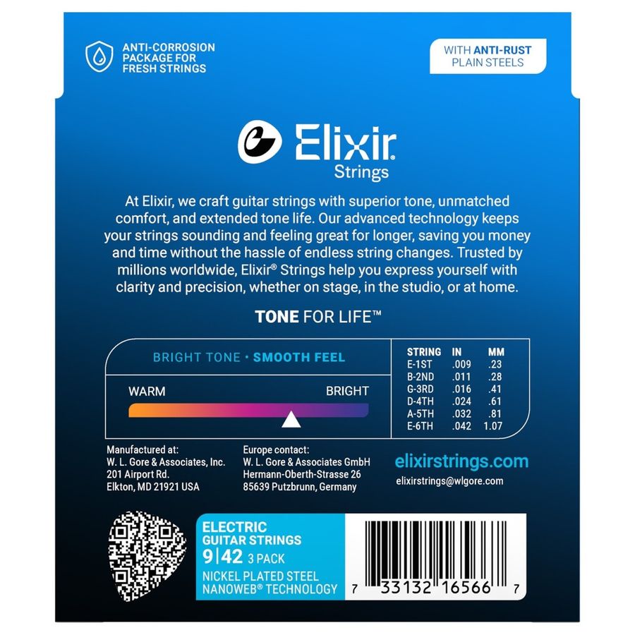 Elixir 16566 NANOWEB Electric 009-042, 3 pack