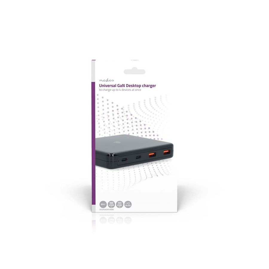 Nedis 65W PD hurtiglader, 4 utganger 2 x USB-C + 2 x USB-A, lade bærbare datamaskin, nettbrett, smarttelefoner
