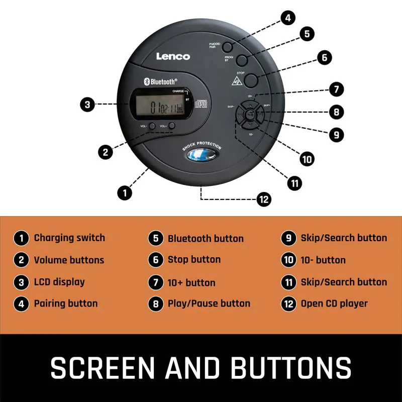 Lenco CD-300BK Bærbar Bluetooth® CD-MP3-spiller med antishock Svart