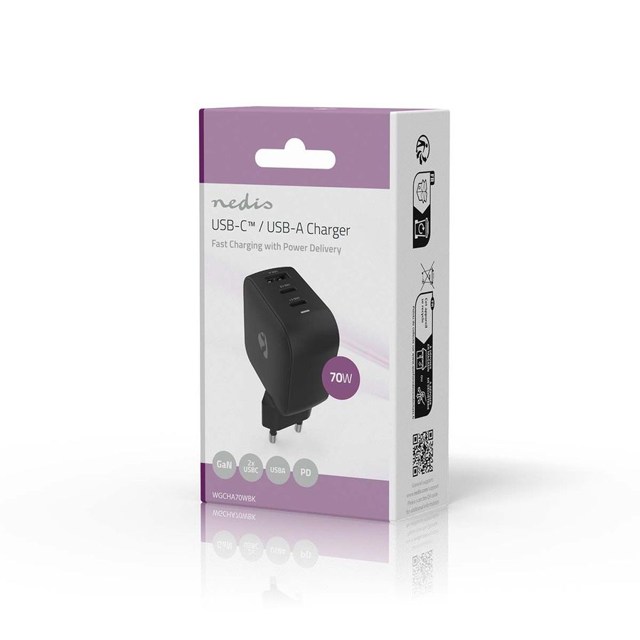 Nedis 70W 2 x USB-C + USB-A lader med Hurtigladefunksjon
