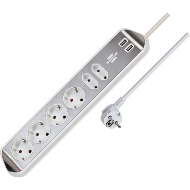 Hovedbilde Brennenstuhl Estilo Desktop-Power, 6-veis strømforgrener, 2 USB-porter, Sølv/Hvit