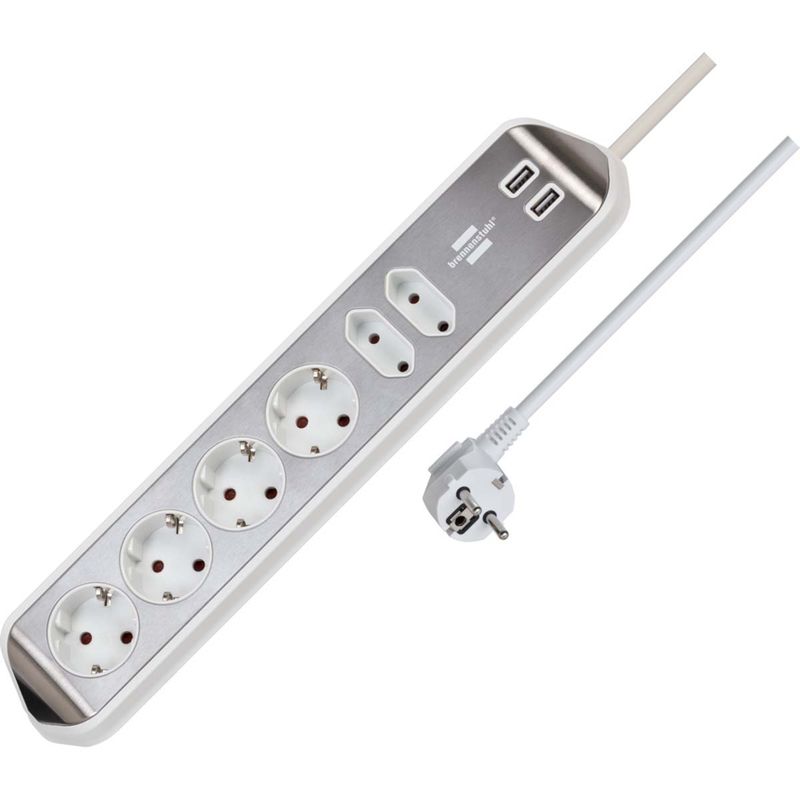 Brennenstuhl Estilo Desktop-Power, 6-veis strømforgrener, 2 USB-porter, Sølv/Hvit