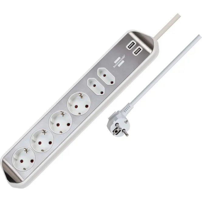 Hovedbilde Brennenstuhl Estilo Desktop-Power, 6-veis strømforgrener, 2 USB-porter, Sølv/Hvit