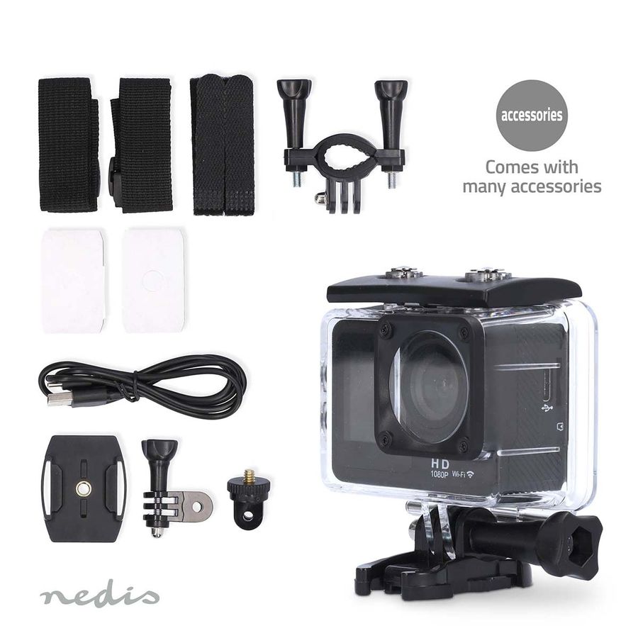Nedis Actionkamera Dobbel Skjerm, 1080p@30fps, 12 MPixel, WiFi, HD, vanntett opptil 30M