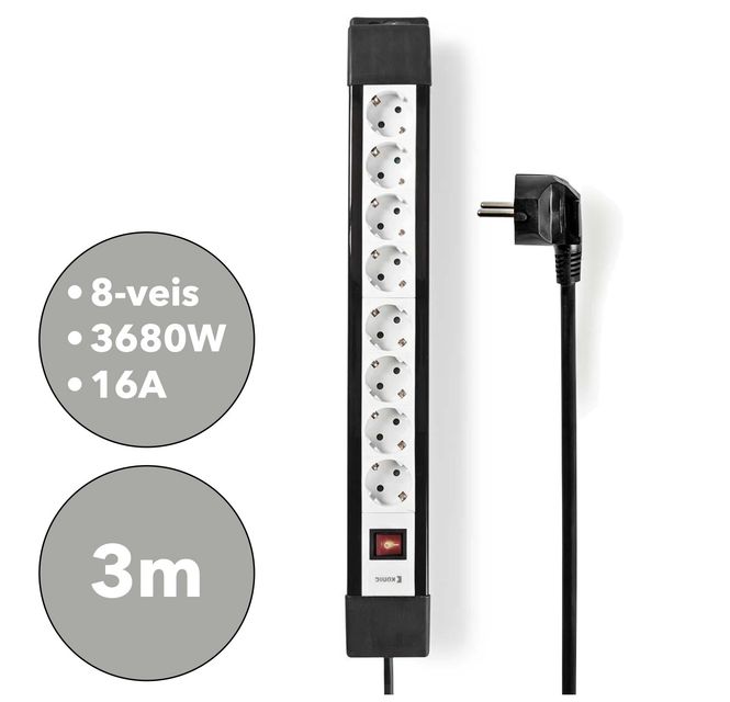 Hovedbilde Nedis 8-veis strømforgrener, 16A, 3m kabel