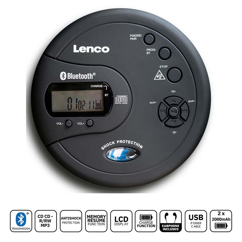 Lenco CD-300BK Bærbar Bluetooth® CD-MP3-spiller med antishock Svart