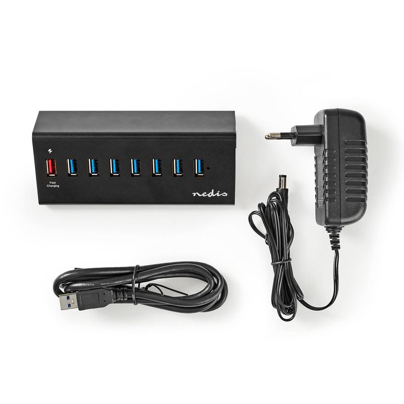 Nedis USB 3.0-hub, 8 porter, Høy hastighet, 5 Gbps + hurtiglading