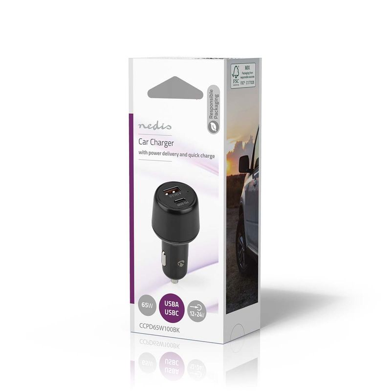 Nedis Billader 65W, 3.25A, USB-A / USB-C, Fast Charge, PD (Power Delivery) 65W, Smart IC-teknologi