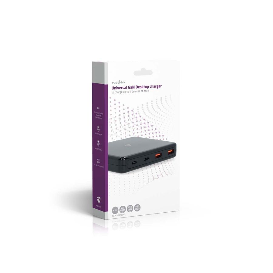 Nedis 65W PD hurtiglader, 4 utganger 2 x USB-C + 2 x USB-A, lade bærbare datamaskin, nettbrett, smarttelefoner