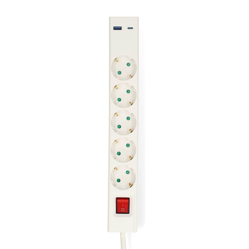 Nedis 5-veis strømforgrener, 3680W, USB-A og C lading, 1,5m kabel,  Av/på-bryter, hvit