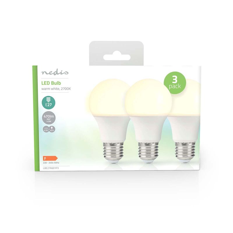 Nedis LED pære E27 - A60 | 4.9W | 470 lm | 2700K | Varm Hvit - 3 pak.