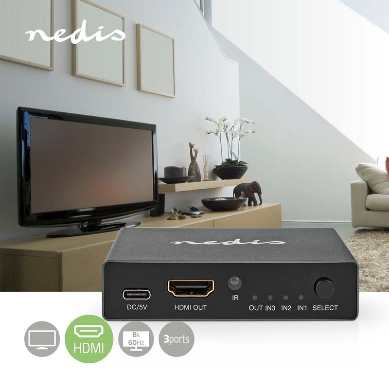 Nedis HDMI Switch, 3-Port port(s), 3x HDMI Inngang, HDMI Utgang, 8K@60Hz, 45 Gbps