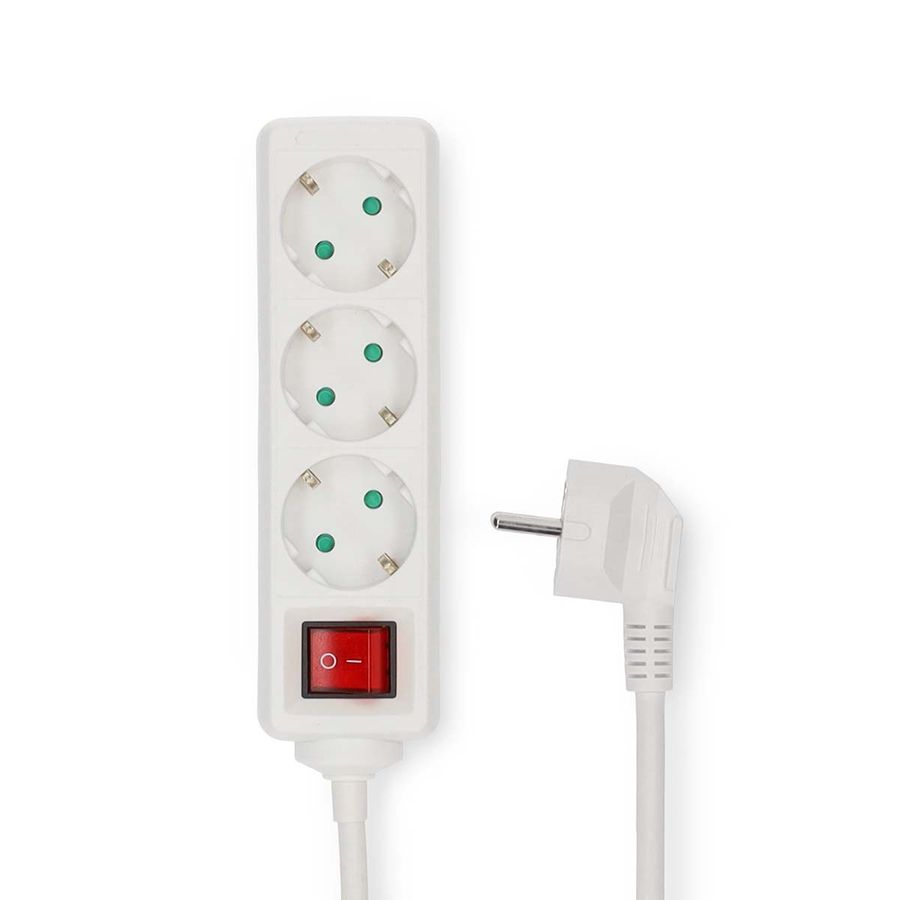 Nedis 3-veis strømforgrener, 5m kabel, 3680W, 16A, Av/på-bryter, Hvit