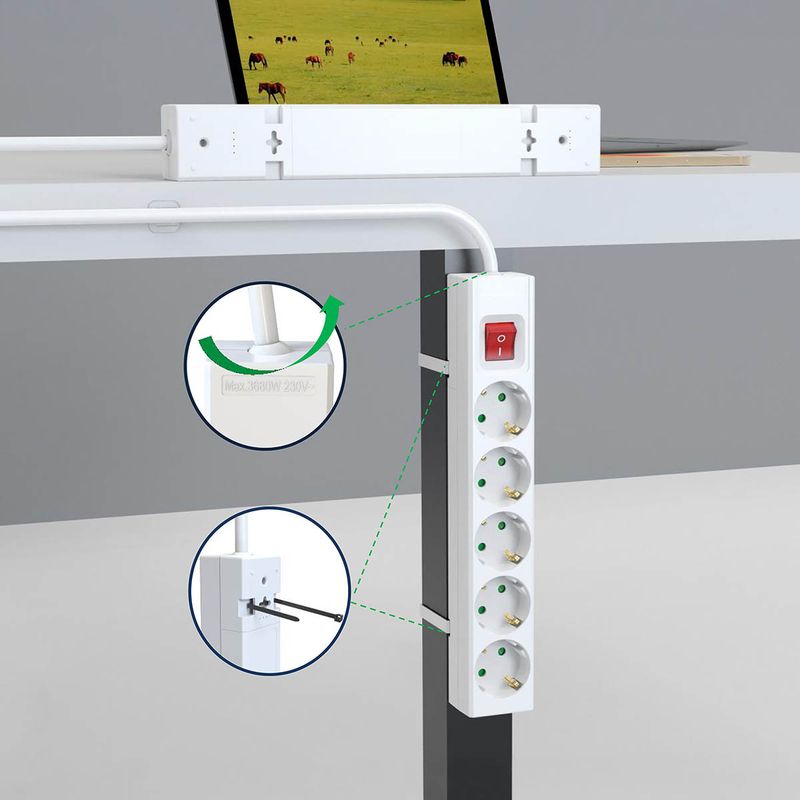 Nedis 5-veis strømforgrener, 3680W, USB-A og C lading, 1,5m kabel,  Av/på-bryter, hvit