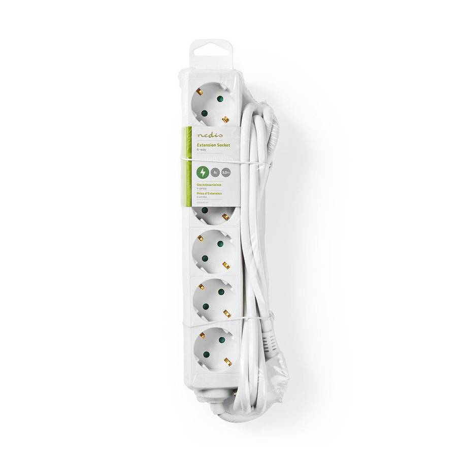 Nedis 6-veis strømforgrener, 3m, hvit